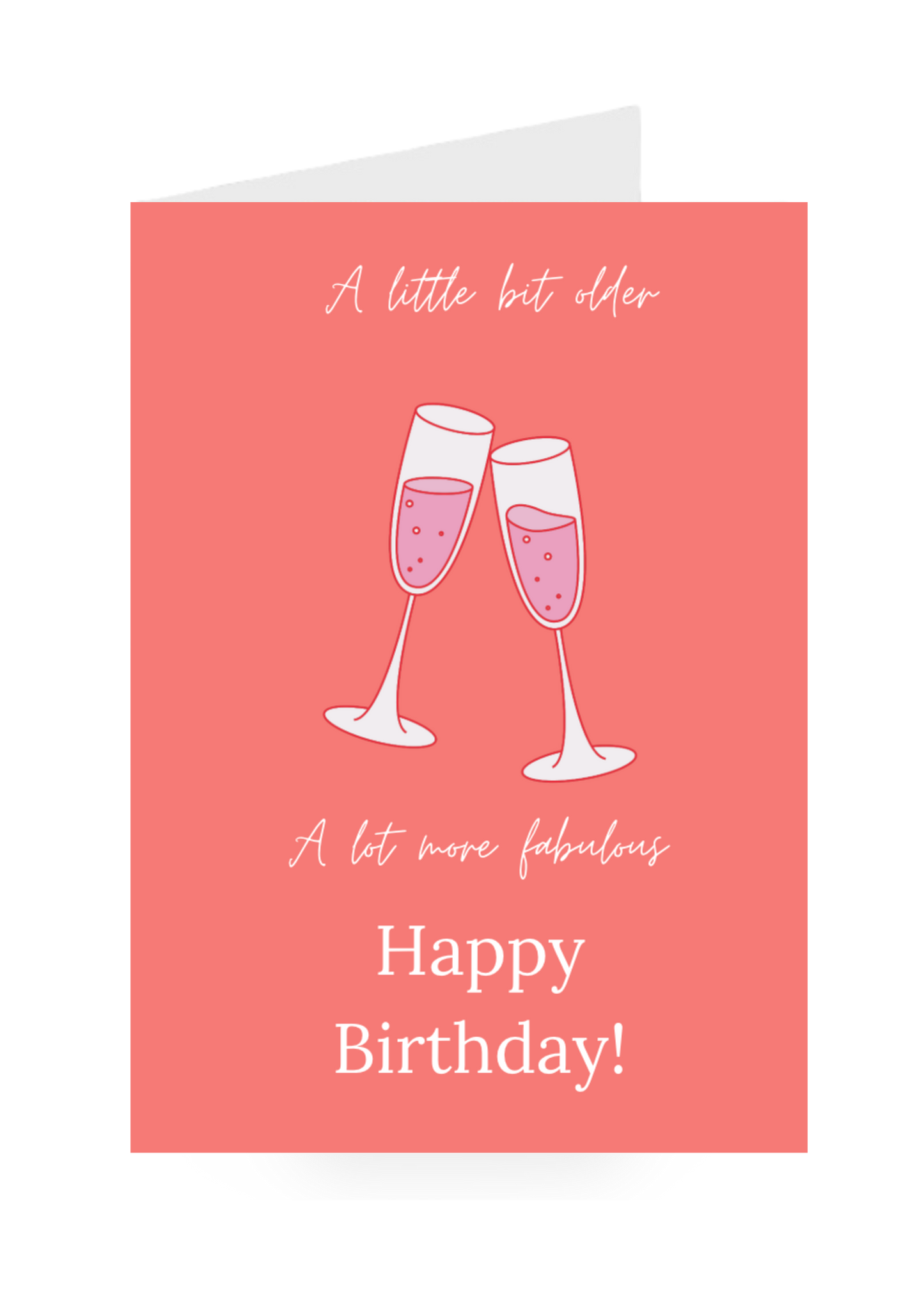 Birthday card with champagne glasses and text on a pink background