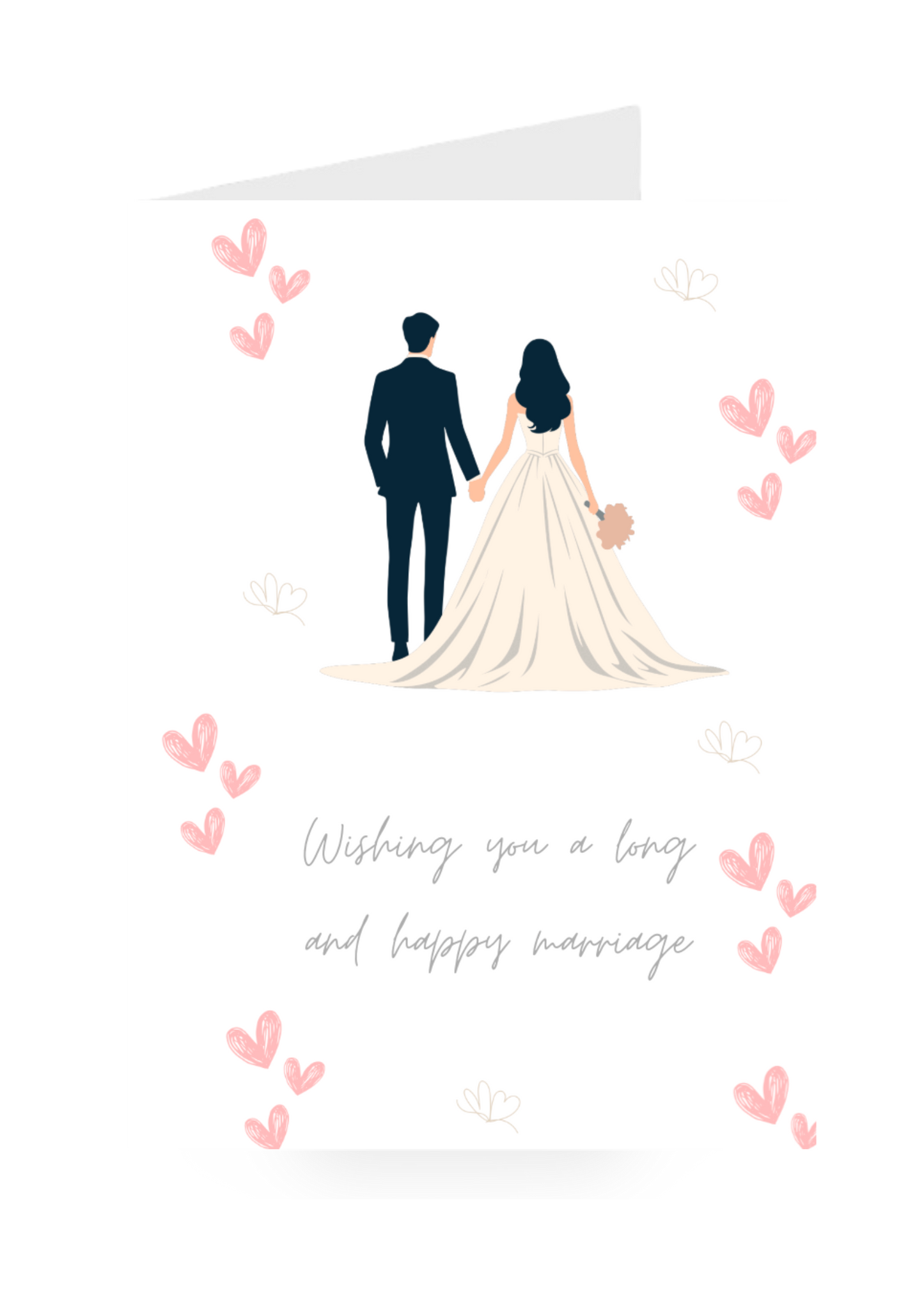 Card with illustration of a couple holding hands and text 'Wishing you a long and happy marriage' on a white background.