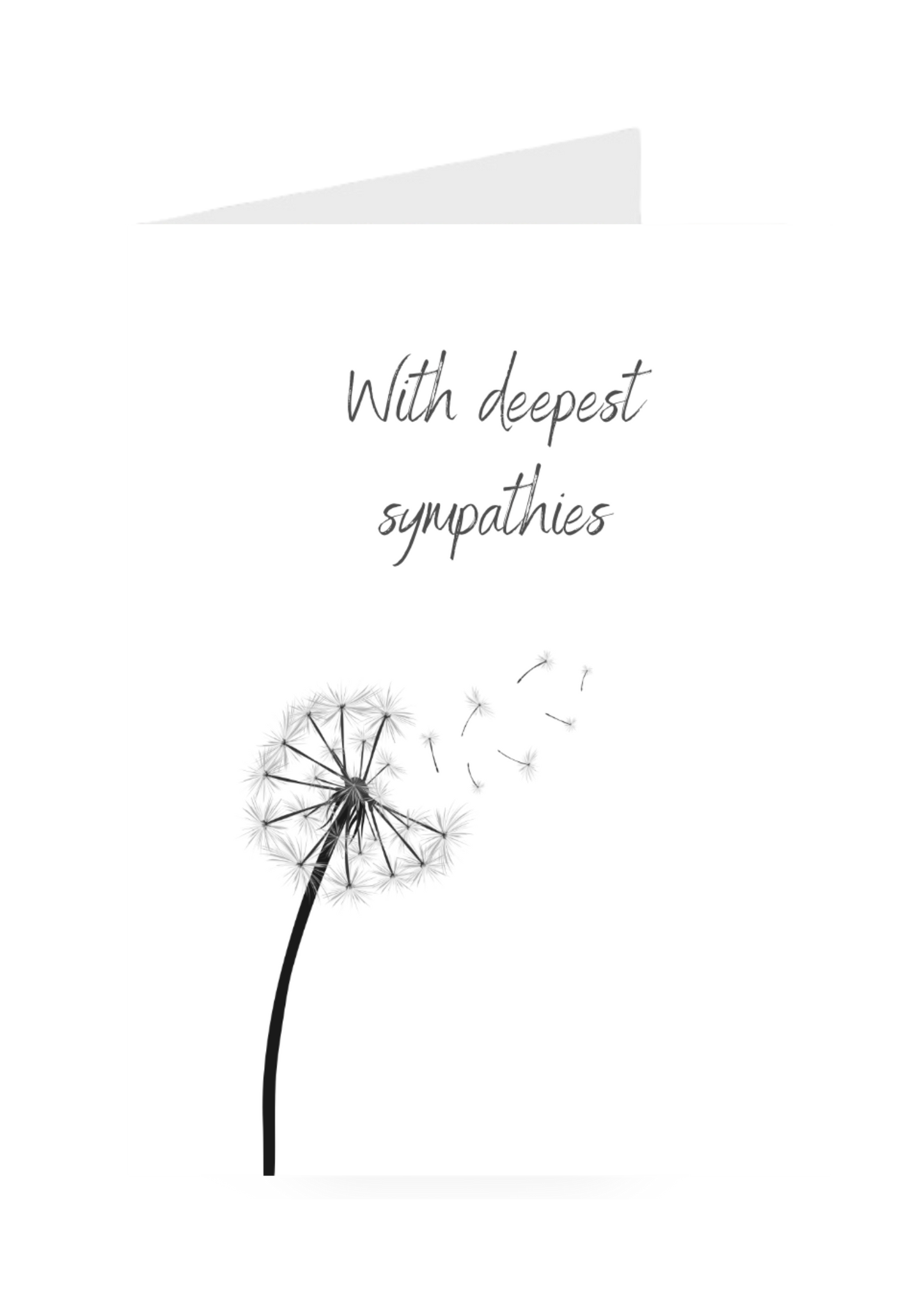 Dandelion greeting card with text 'With deepest sympathies' on a white background