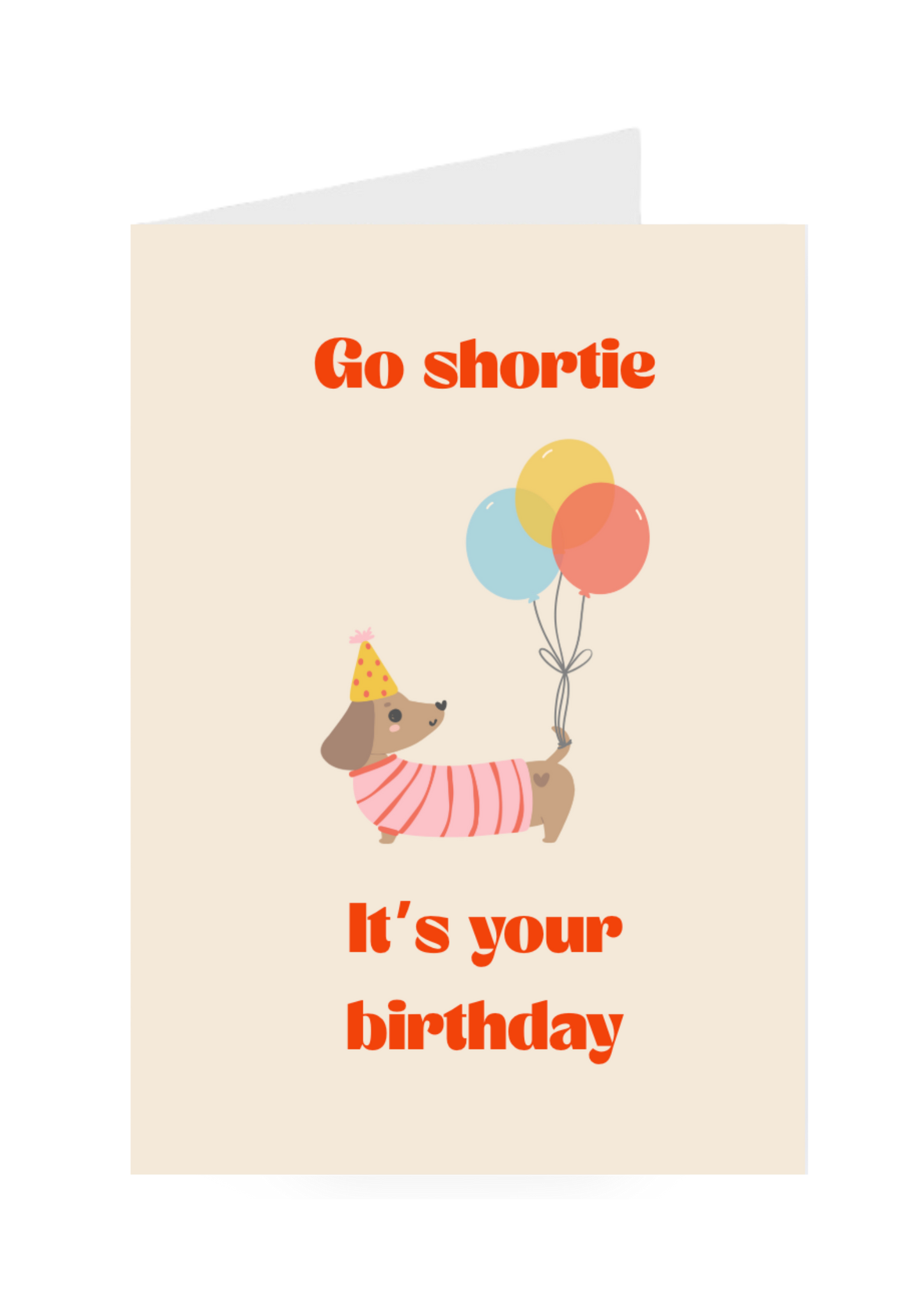 Birthday card with a dog holding balloons and text on a beige background