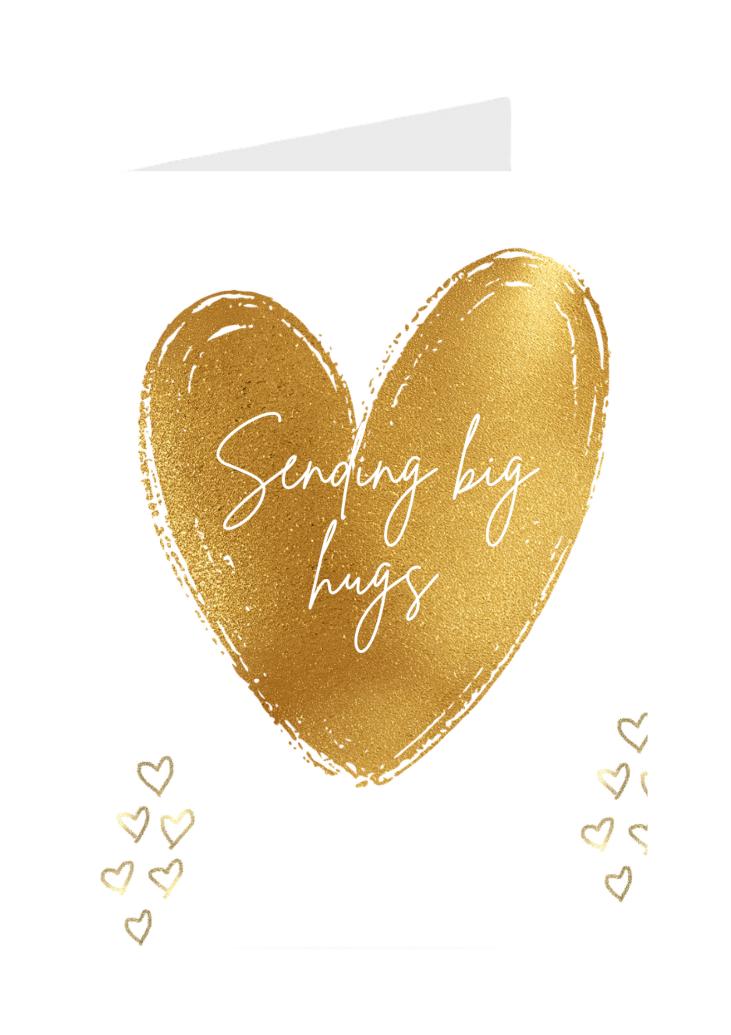 Gold heart-shaped greeting card with 'Sending big hugs' text on a white background