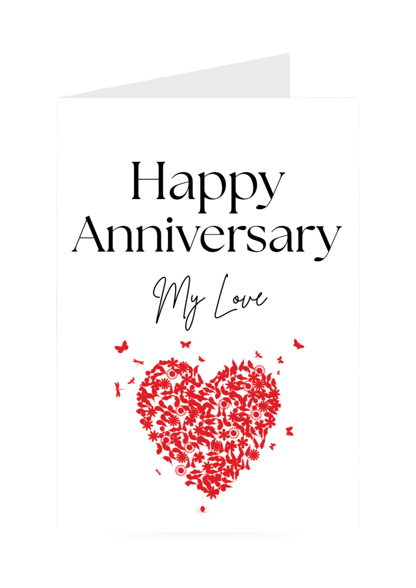 Card with 'Happy Anniversary My Love' text and a red heart made of flowers on a white background