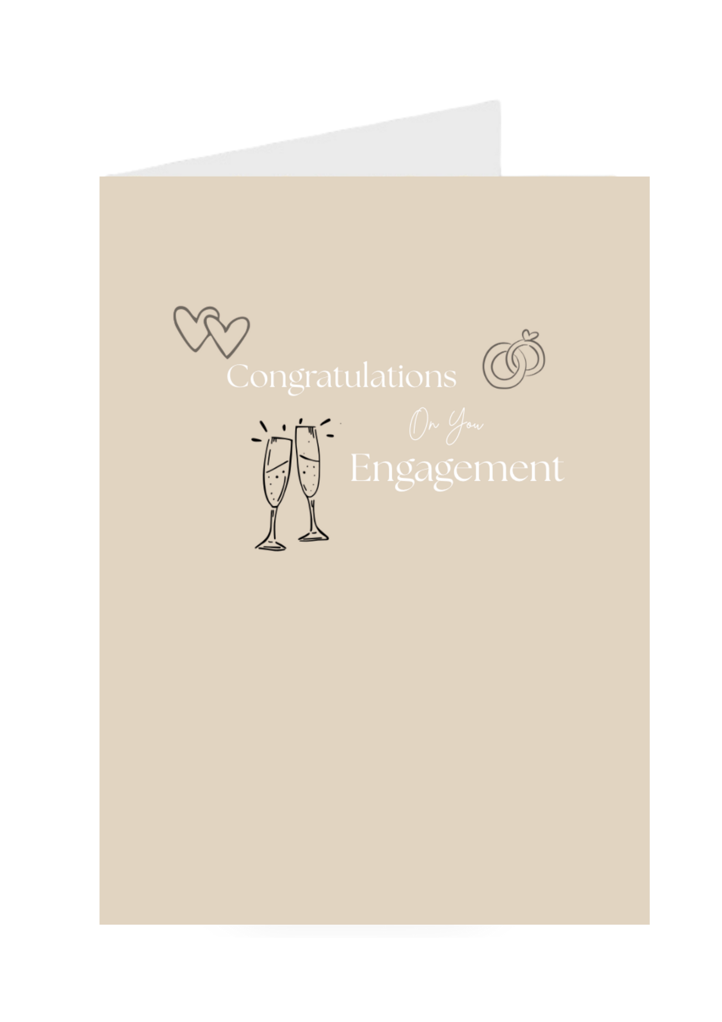 Beige card with champagne glasses, hearts, and rings for an engagement celebration.