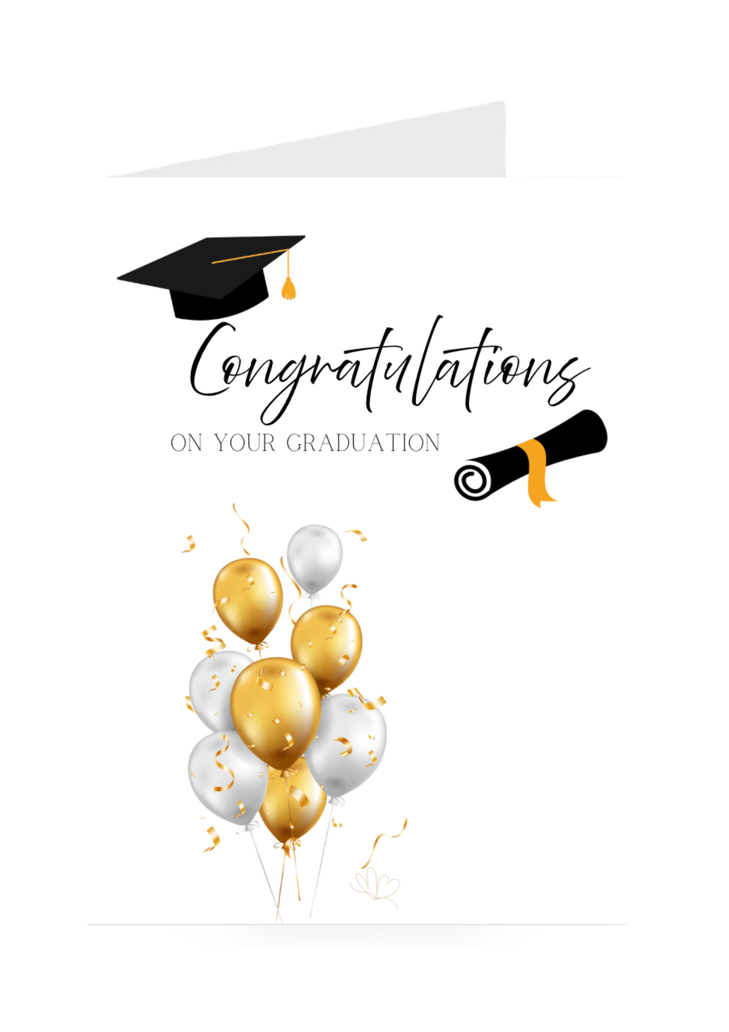 Graduation-themed card with balloons, cap, and diploma on a white background