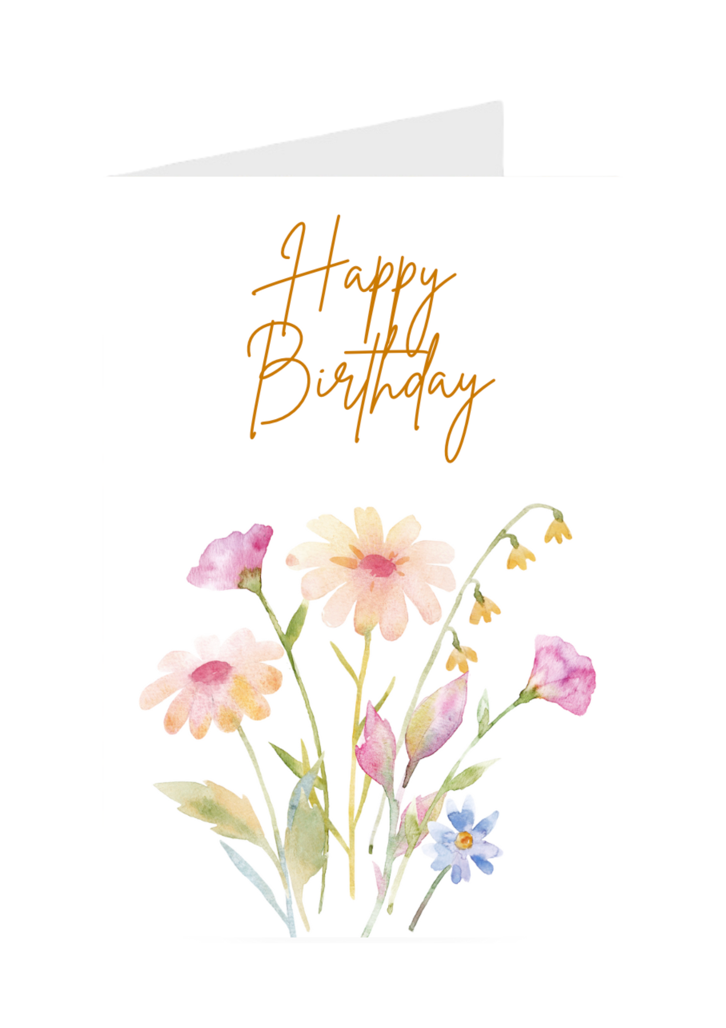 Happy Birthday card with watercolor flowers on a white background
