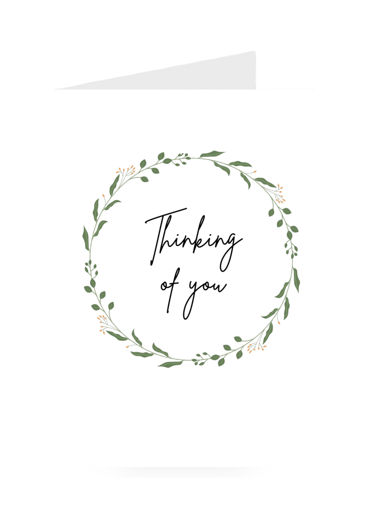Circular wreath greeting card with 'Thinking of you' text on a white background