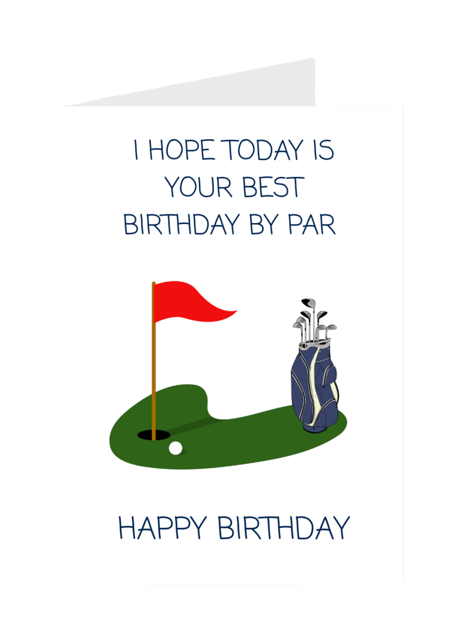 Greeting card with golf-themed elements and birthday message on a white background