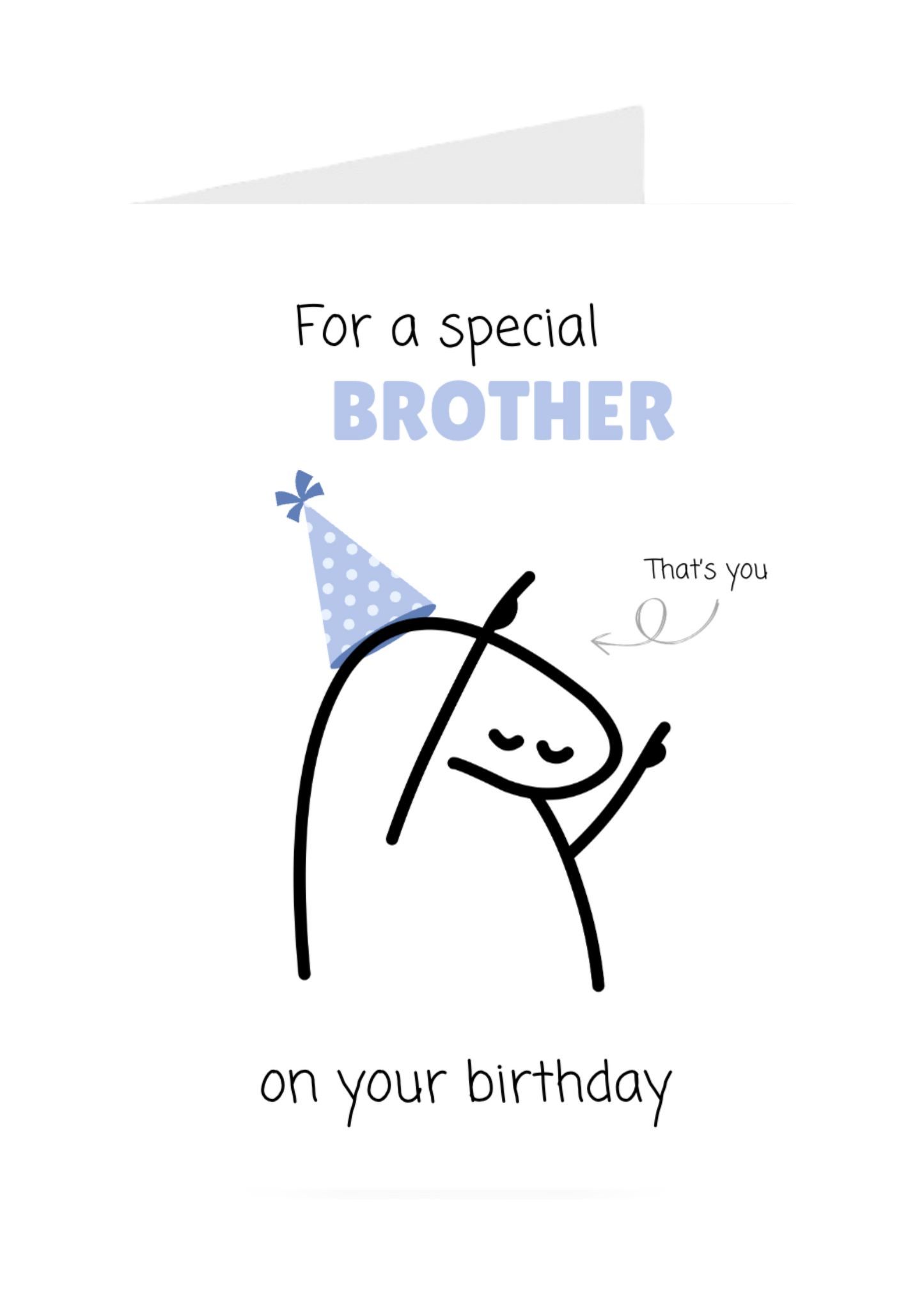 Cartoon character with a party hat and birthday message for a special brother on a white background