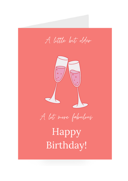 Birthday card with champagne glasses and text on a pink background