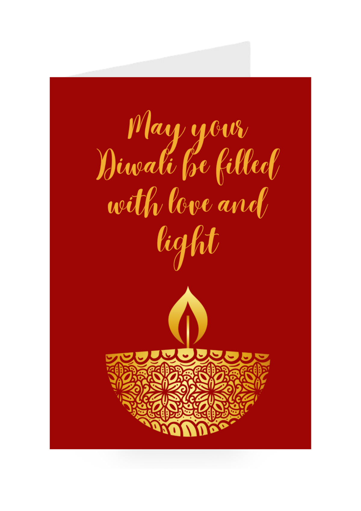Red card with gold text and Diwali candle illustration on a white background