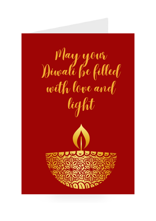 Red card with gold text and Diwali candle illustration on a white background