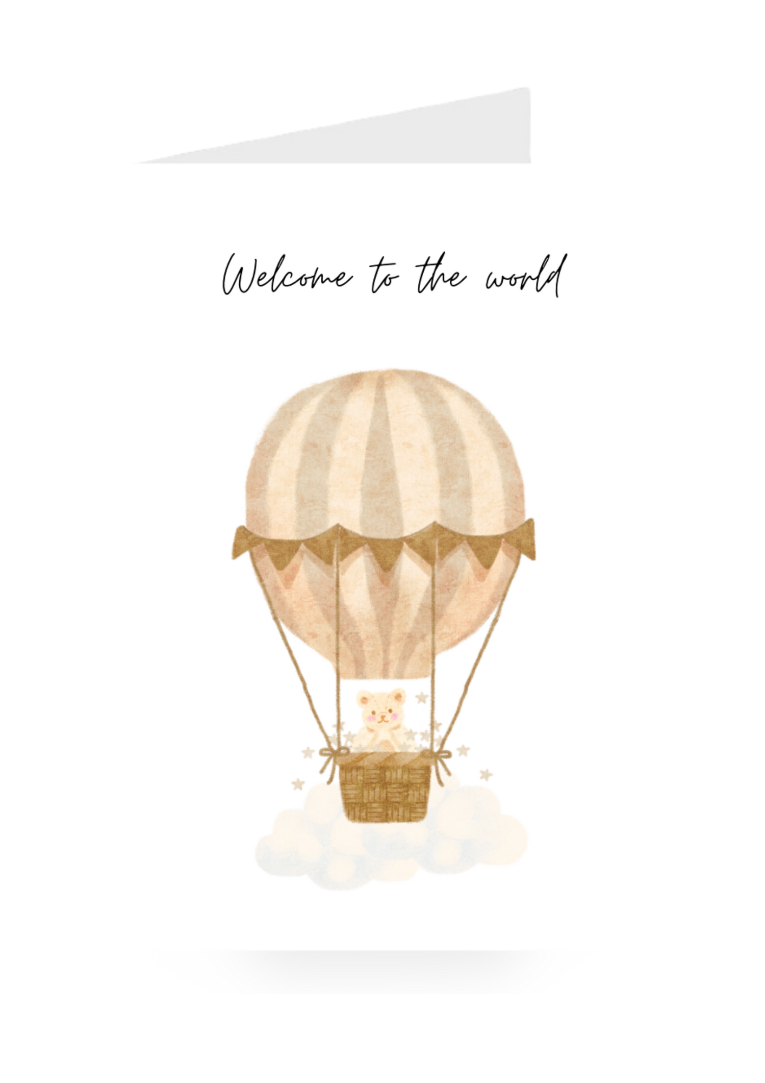 Hot air balloon with a teddy bear inside, against a white background new baby greeting card with text 'Welcome to the world'.