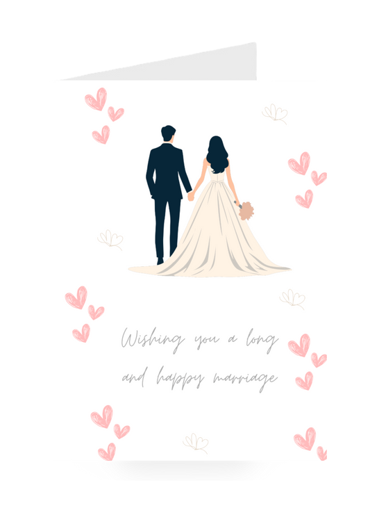 Card with illustration of a couple holding hands and text 'Wishing you a long and happy marriage' on a white background.