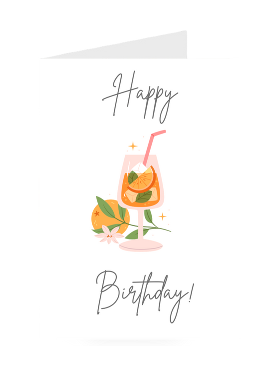 Happy Birthday card with a glass of orange juice and a straw on a white background