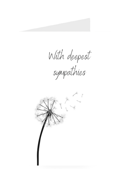 Dandelion greeting card with text 'With deepest sympathies' on a white background