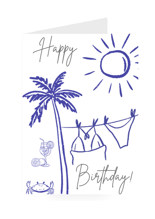 Birthday card with palm tree, sun, bikini, cocktail, and crab illustration on a white background.