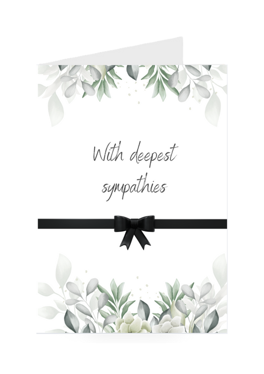 Greeting card with floral design and 'With deepest sympathies' text on a white background