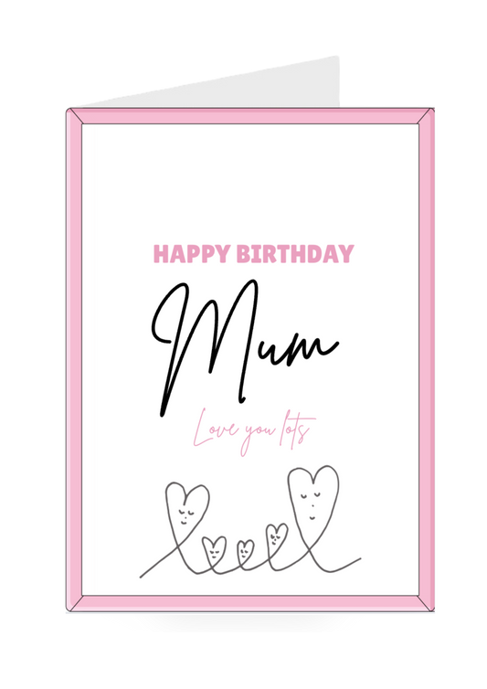 Birthday card for mum with pink border and heart designs on a white background