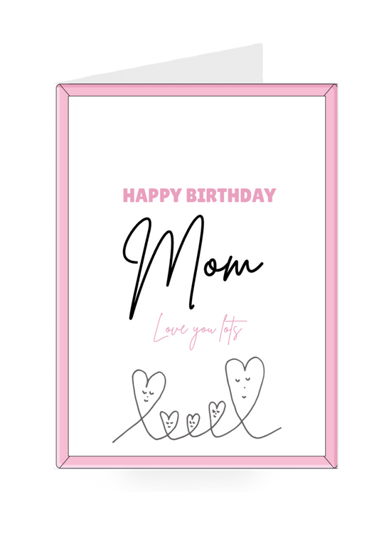Birthday card for mom with pink border and heart designs on a white background