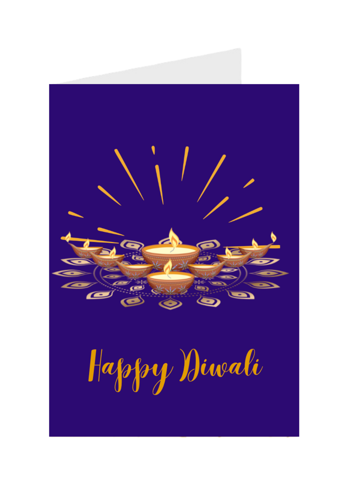 Greeting card with 'Happy Diwali' text and lit candles design on a purple background