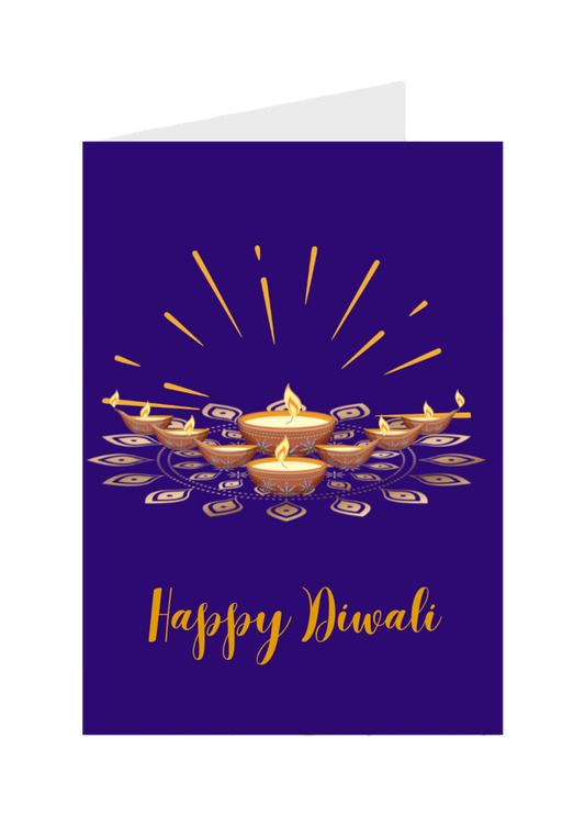 Greeting card with 'Happy Diwali' text and lit candles design on a purple background