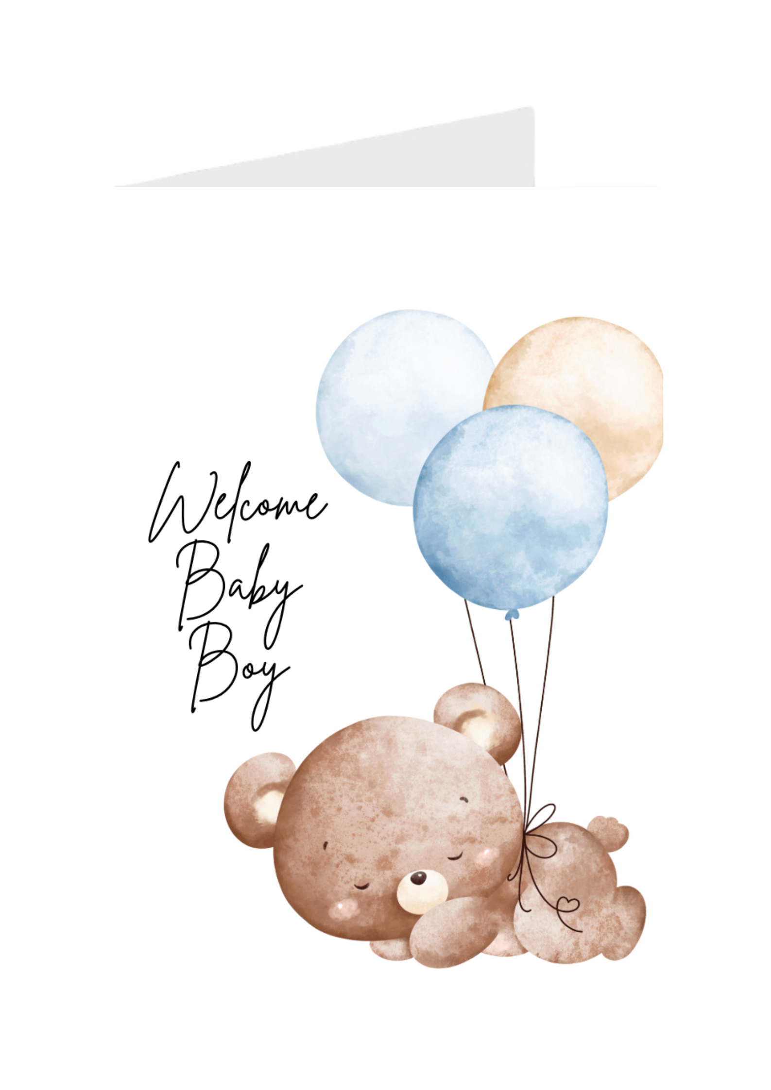 Illustration of a teddy bear holding balloons new baby greeting card with 'Welcome Baby Boy' text on a white background