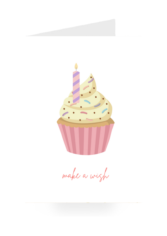 Illustration of a birthday cupcake with a candle and 'make a wish' text greeting card on a white background