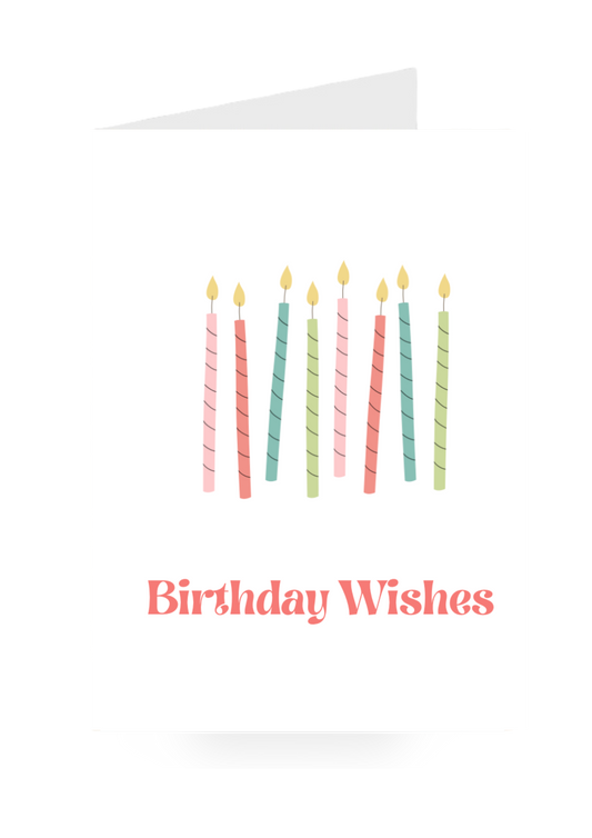 Colorful birthday candles on a white background greeting card with 'Birthday Wishes' text.