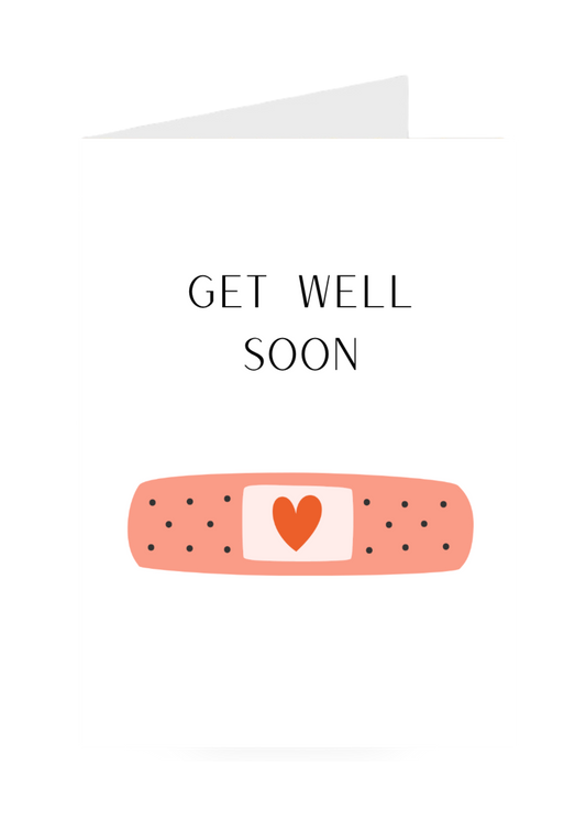 Bandaid plaster greeting card with a heart symbol and 'Get Well Soon' text on a white background