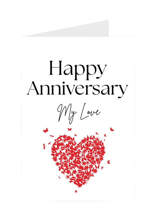Card with 'Happy Anniversary My Love' text and a red heart made of flowers on a white background