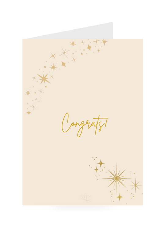 Beige card with gold 'Congrats!' text and star designs on a white background