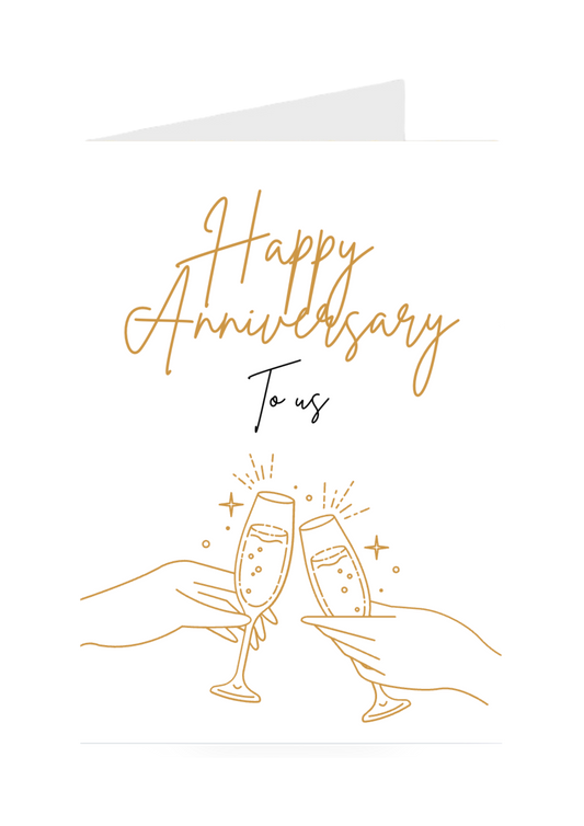 Happy Anniversary card with champagne glasses on a white background