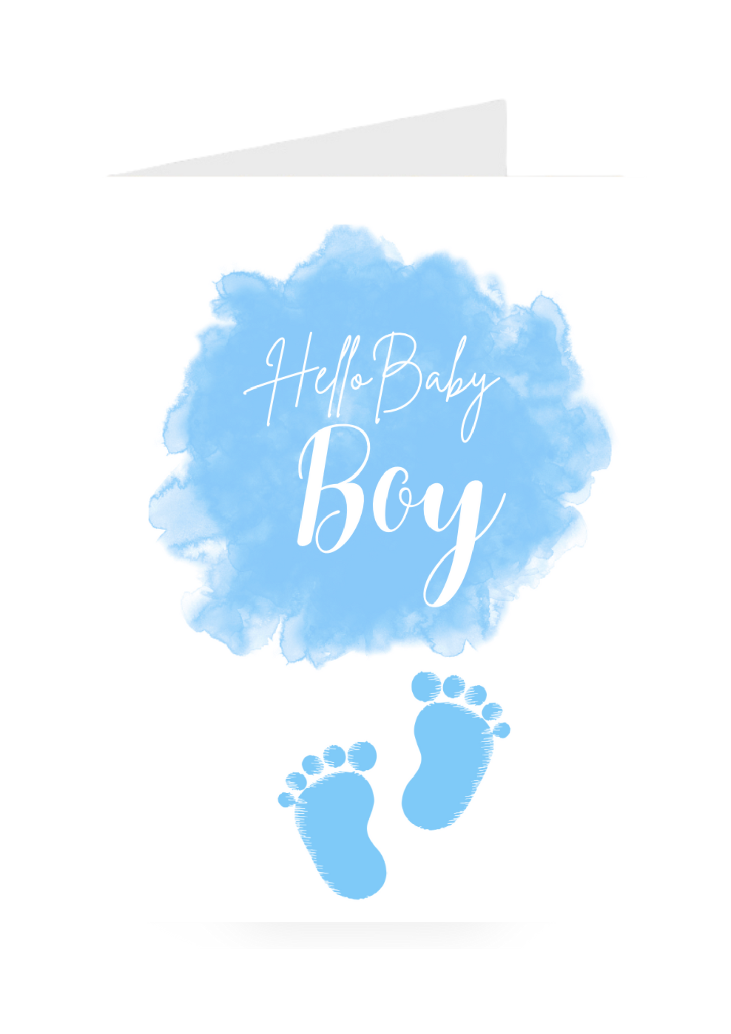 Blue new baby greeting card with 'Hello Baby Boy' text and baby footprints on a white background