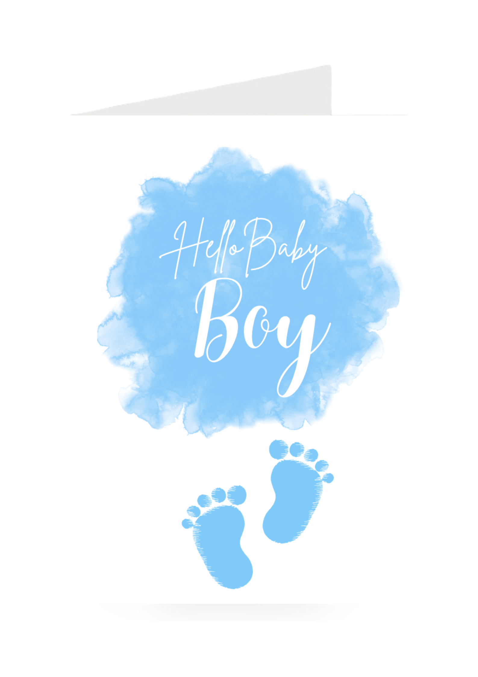 Blue new baby greeting card with 'Hello Baby Boy' text and baby footprints on a white background