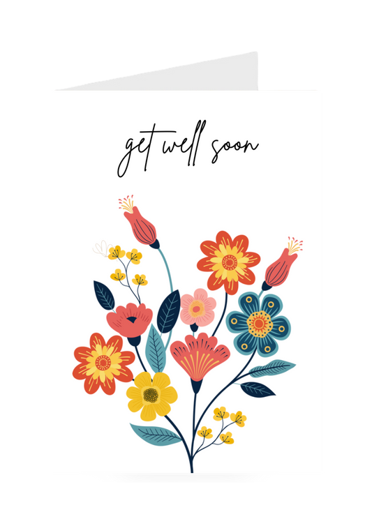 Floral design greeting card with 'get well soon' text on a white background