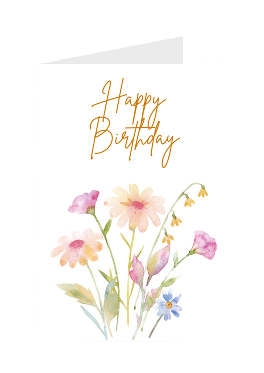 Happy Birthday card with watercolor flowers on a white background