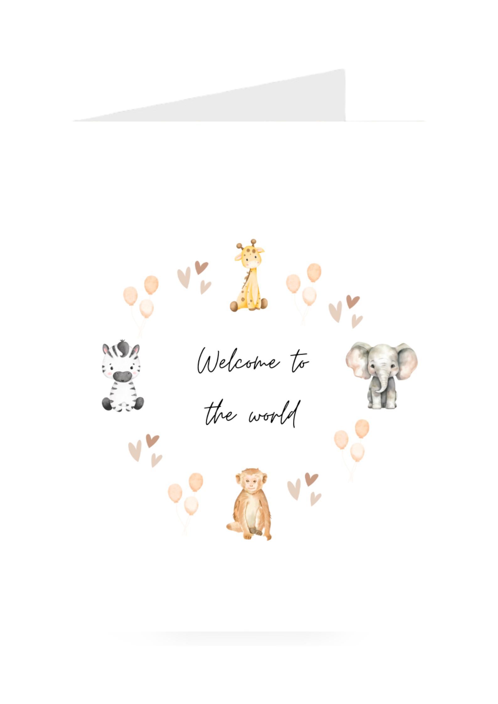 New baby greeting card with animals and 'Welcome to the world' text on a white background
