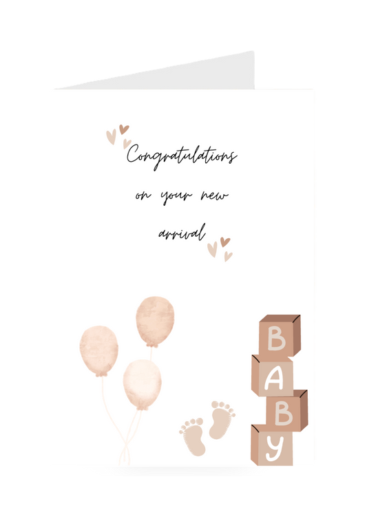 New baby card with balloons, baby blocks, and text on a white background