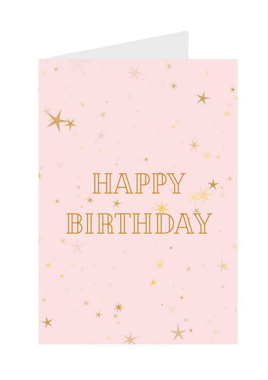 Pink birthday card with gold stars and 'Happy Birthday' text