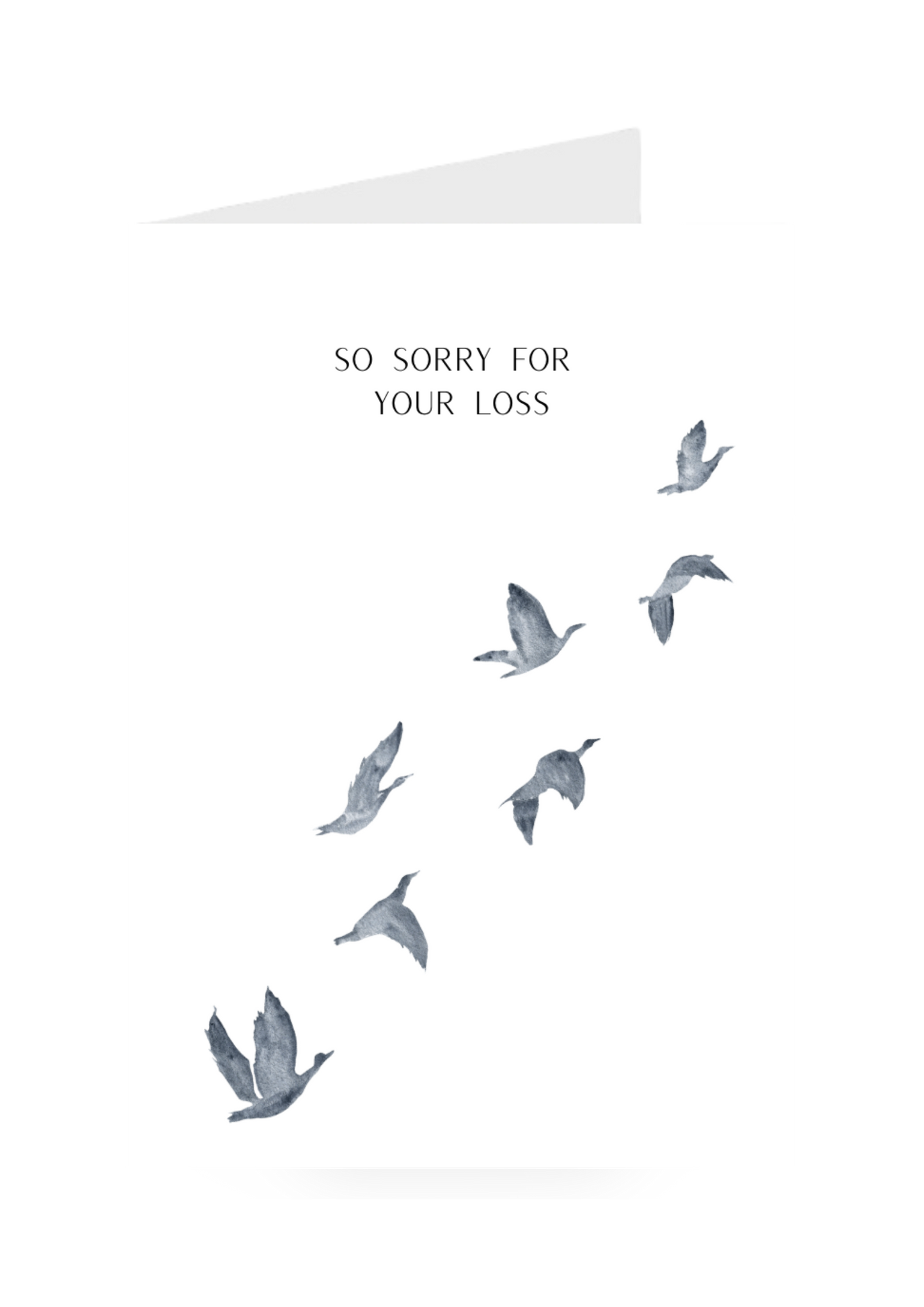 Silhouette of birds flying with 'So sorry for your loss' greeting card text on a white background