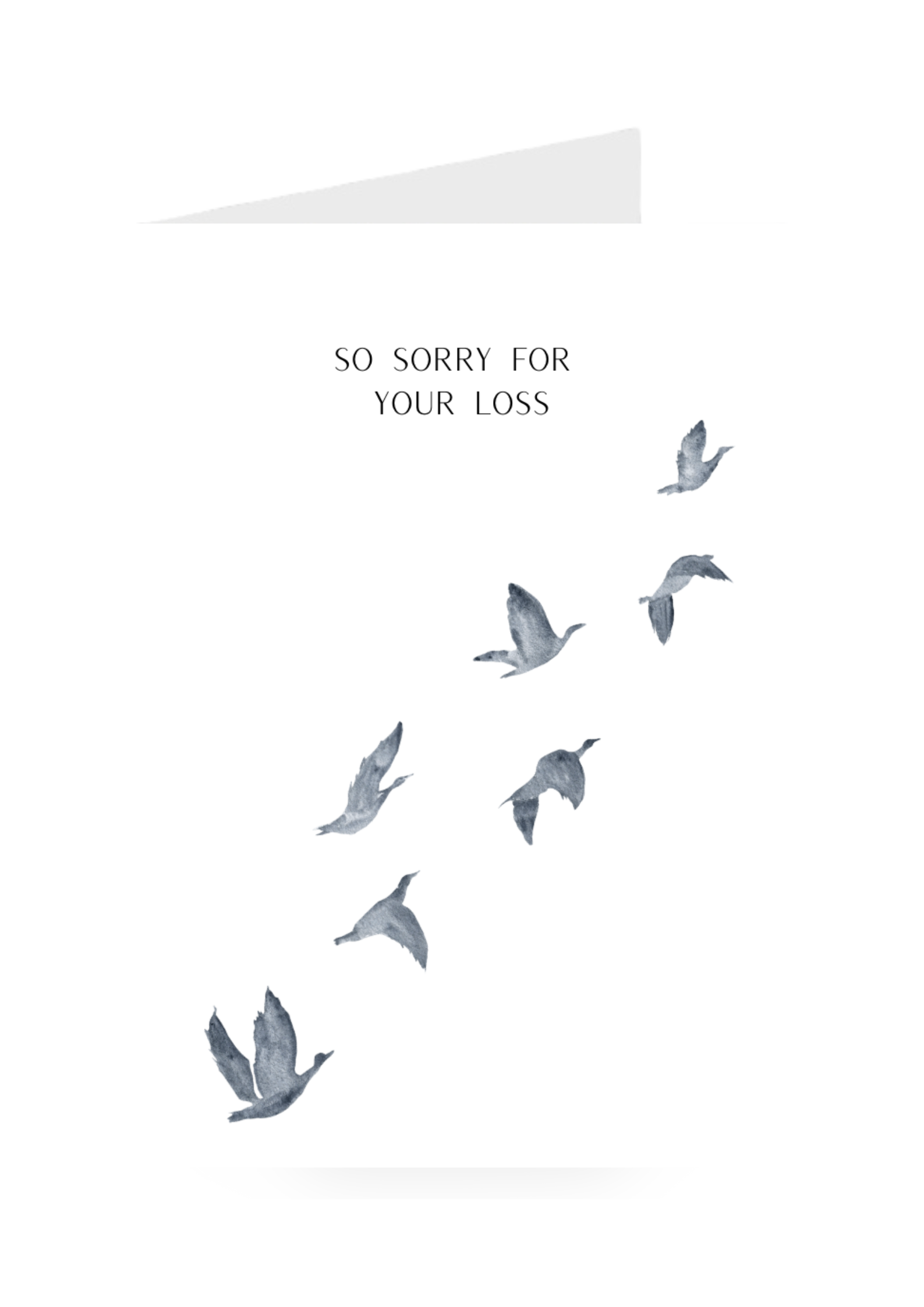 Silhouette of birds flying with 'So sorry for your loss' greeting card text on a white background