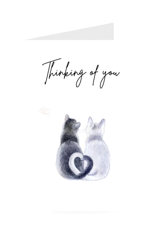 Two cats sitting back-to-back with a heart between them and 'Thinking of you' text greeting card on a white background.