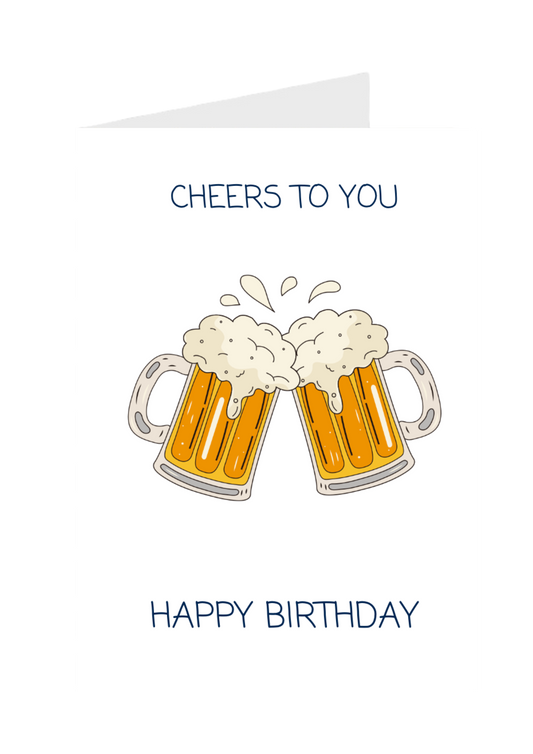 Two beer mugs clinking together greeting card with 'Cheers to You Happy Birthday' text on a white background