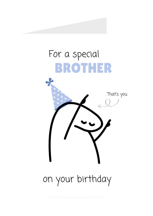 Cartoon character with a party hat and birthday message for a special brother on a white background