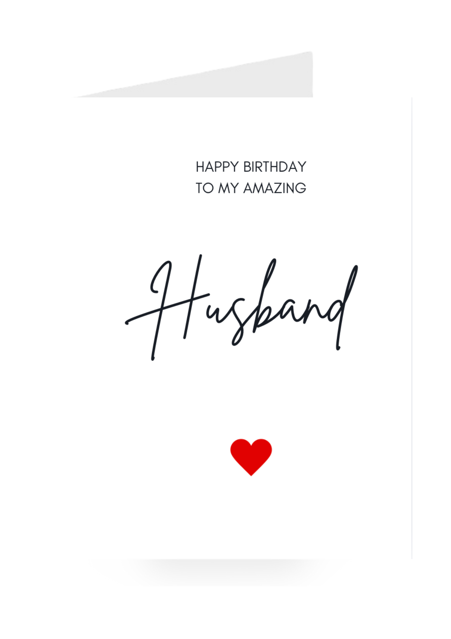 Greeting card with 'Happy Birthday to my amazing husband' text and a red heart on a white background