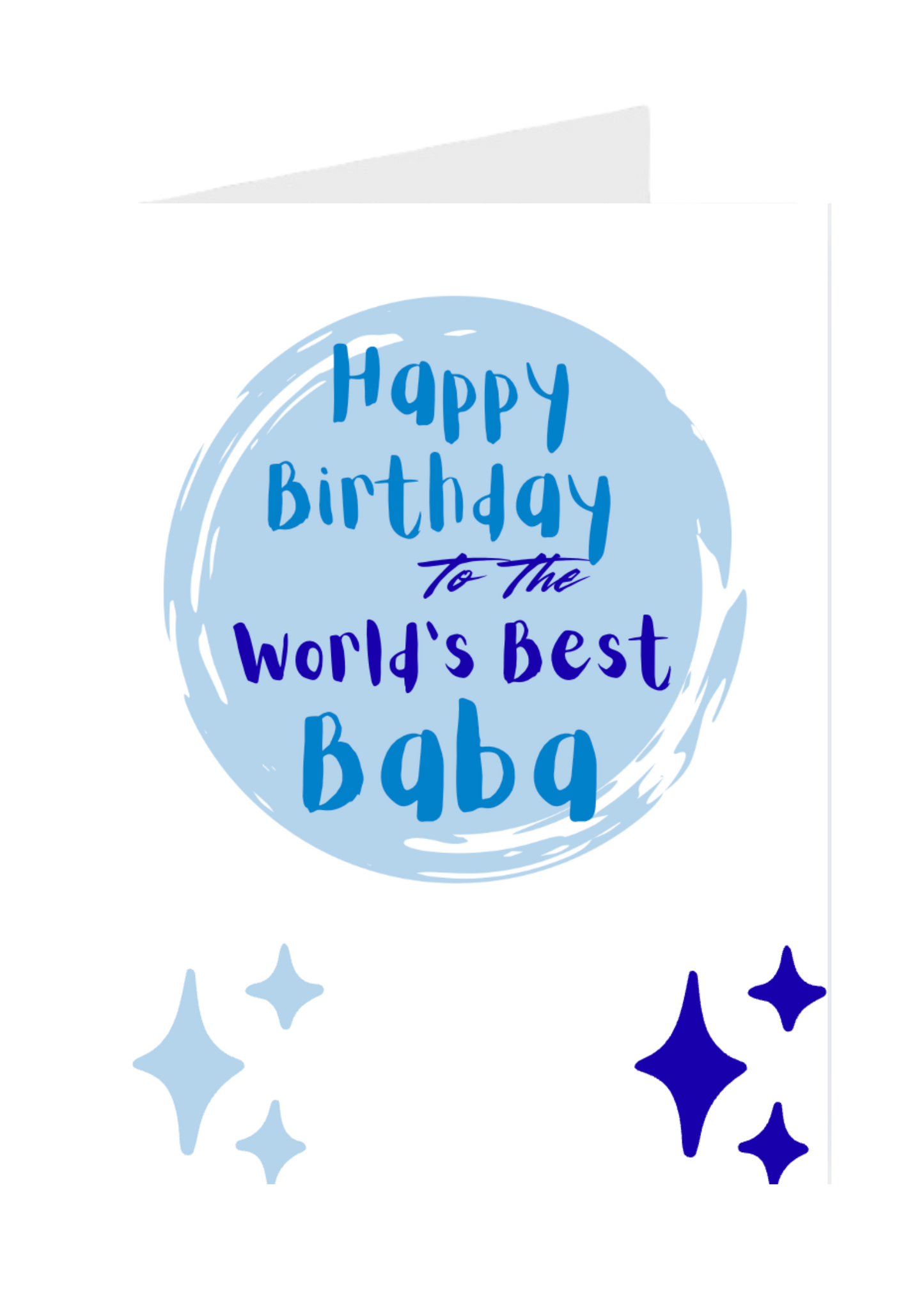 Greeting card with blue text 'Happy Birthday to the world's best Baba' on a light blue background with stars.
