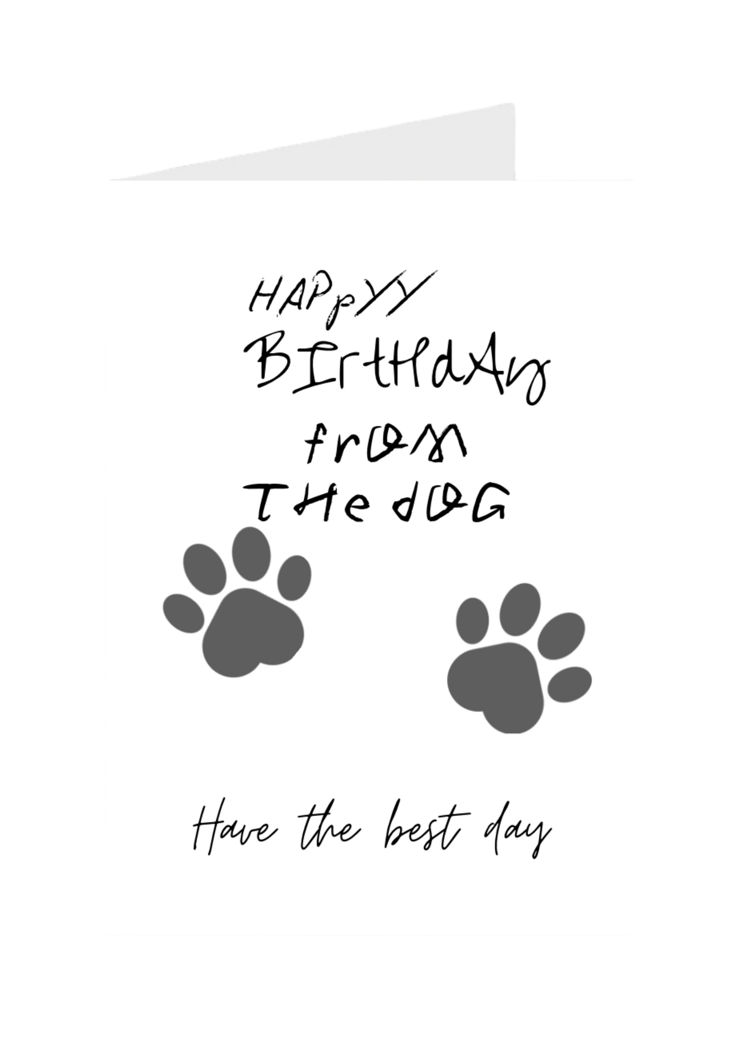 Happy Birthday from The Dog greeting card with paw prints and text on a white background