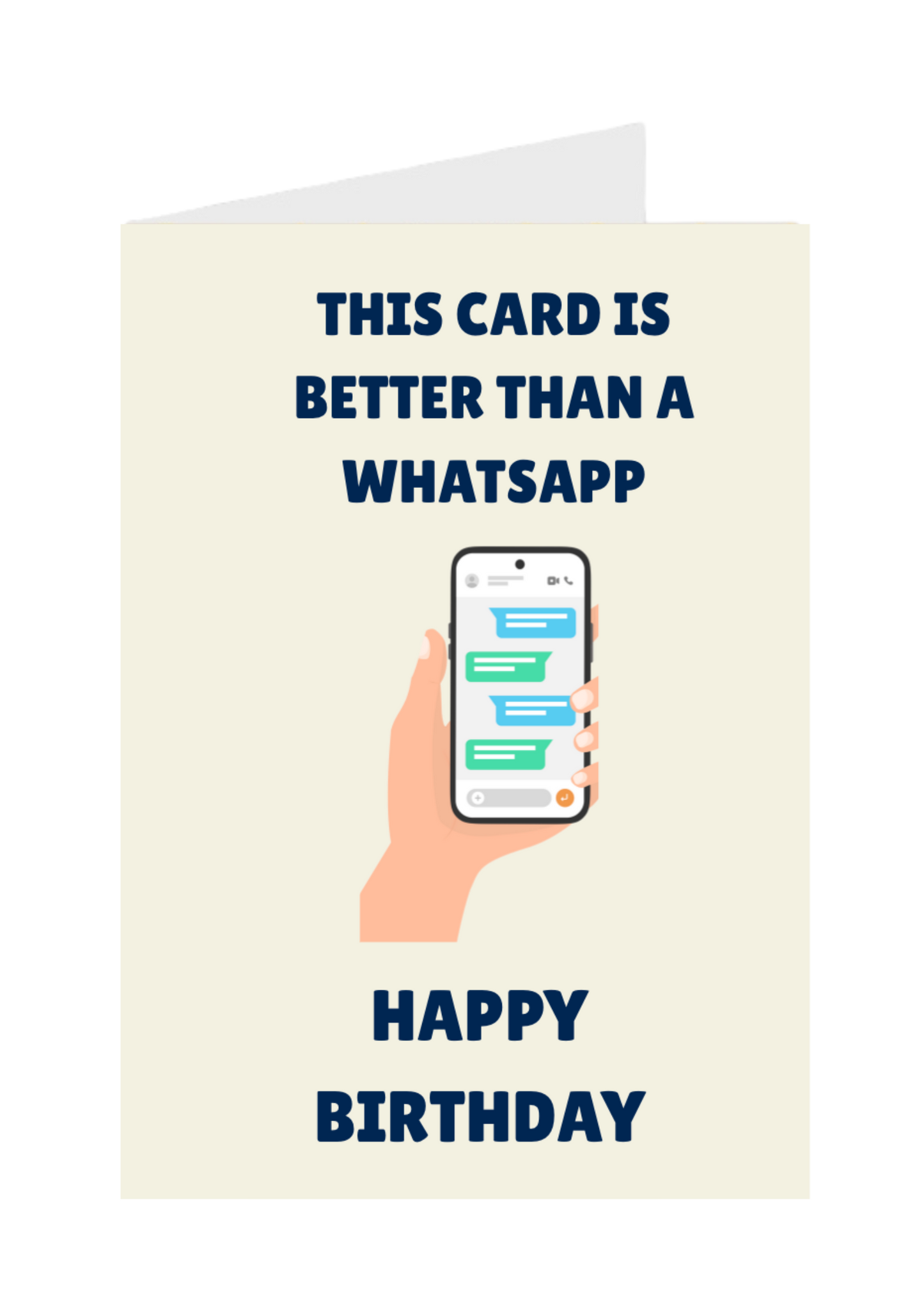 Birthday card with a phone and text 'This card is better than a WhatsApp. Happy Birthday.'